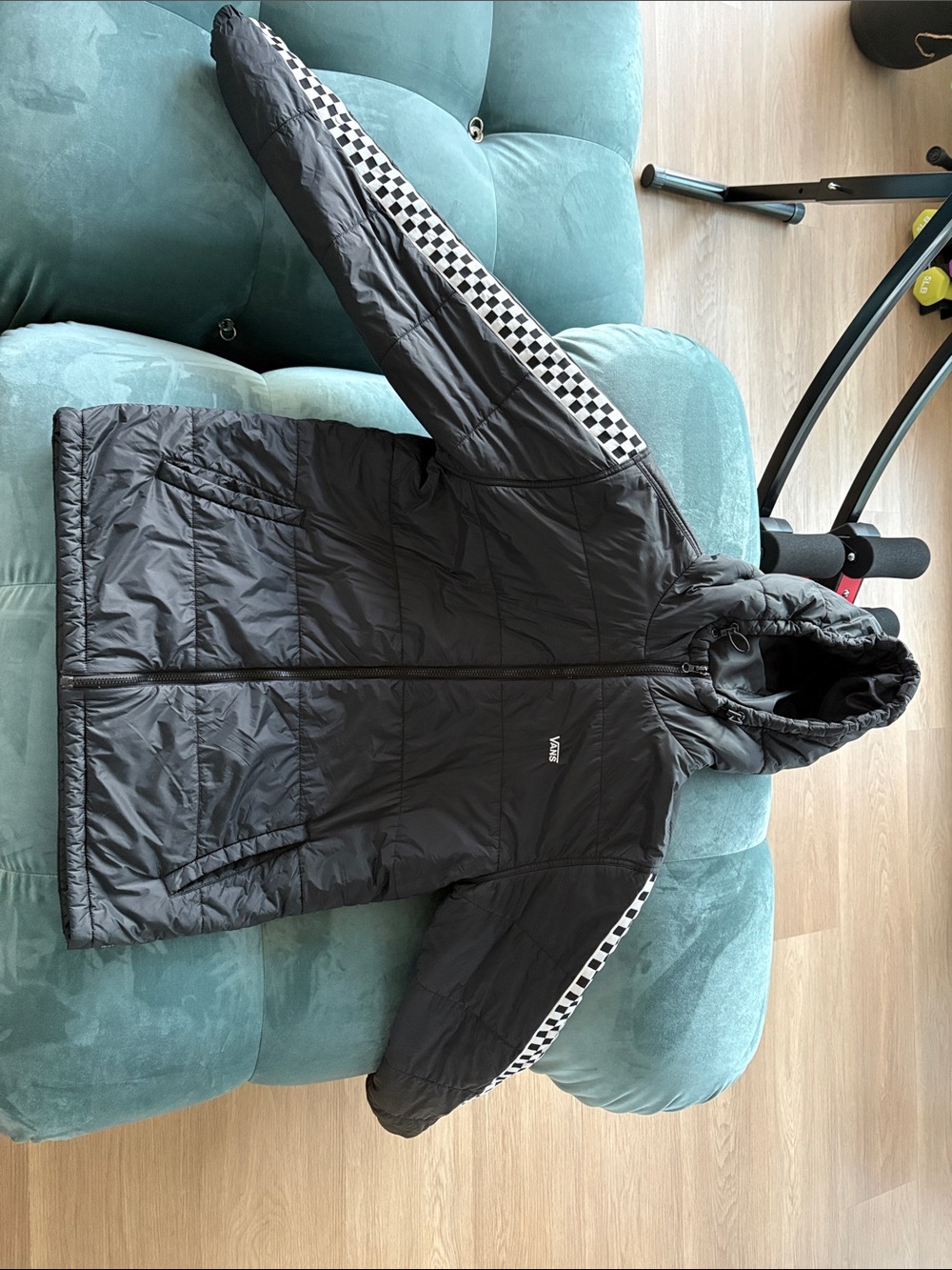 Vans Black Puffer Jacket with Checker Trim in Size Medium